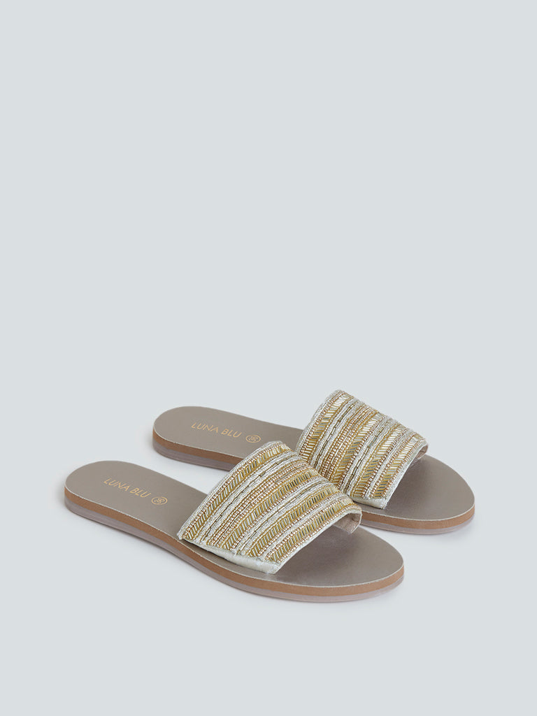 LUNA BLU Beige Embellished Slides